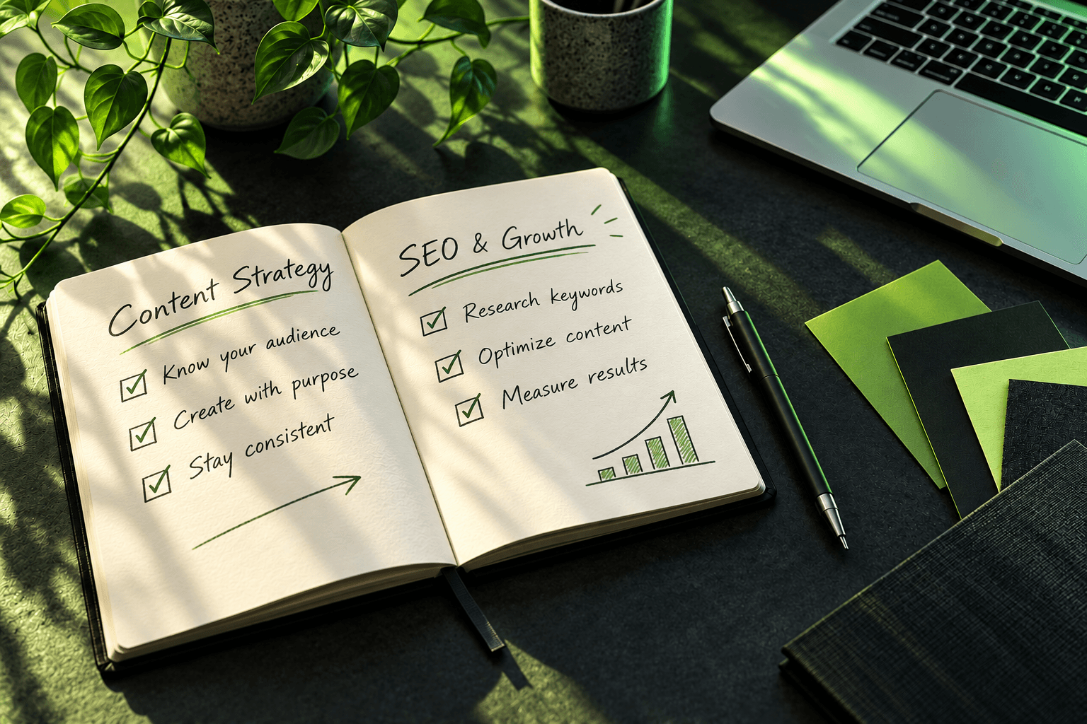 An Open Notebook With Content Strategy And SEO Planning Notes In Green Studio Lighting